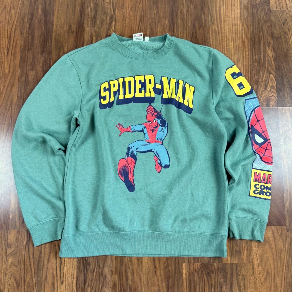 Marvel Spider-Man Graphic Sweatshirt Sage Green Mens Medium Comic Sleeve Print